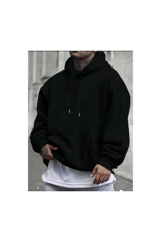 Herkesemoda Arka Kurt Baskı Detaylı İçi Polarlı Kapüşonlu Sweatshirt Siyah