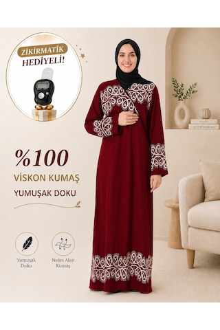 Bilenler Halka Desenli Bordo Namaz Elbisesi Viskon Kumaş Zikirmatik Hediyeli Yandan Bağlamalı Bordo