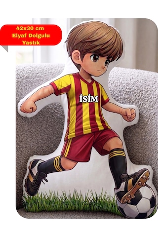 Taraftar Yastık Sarı Kırmızı Formalı Futbolcu Figür İsimli Yastık Çift Yön Baskılı Yastık 42x30cm Kırmızı - Sarı