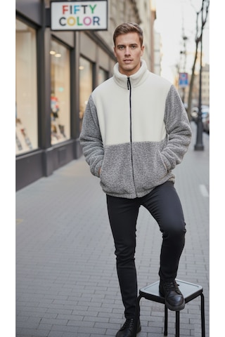 Premium Kalite Renk Bloklu, Fermuarlı, Dik Yaka, Sherpa, Polar, Peluş Ceket Gri - Beyaz