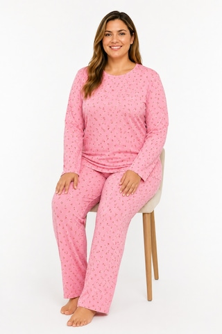 Sleeproom Büyük Beden Kadın Mevsimlik Pointiel Kiraz Desen Pijama Takımı Pembe