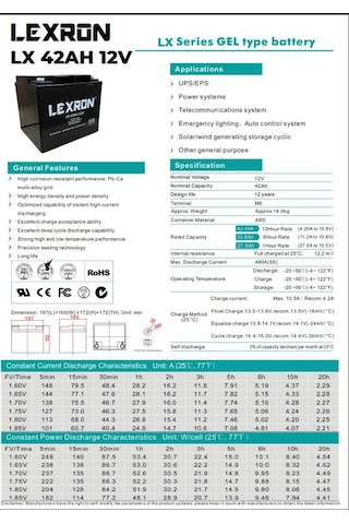 Lexron - İnges 12 Volt 42 Amper Nano Karbon Jel Akü - 12 V 42 Ah Derin Döngü Gel Akü