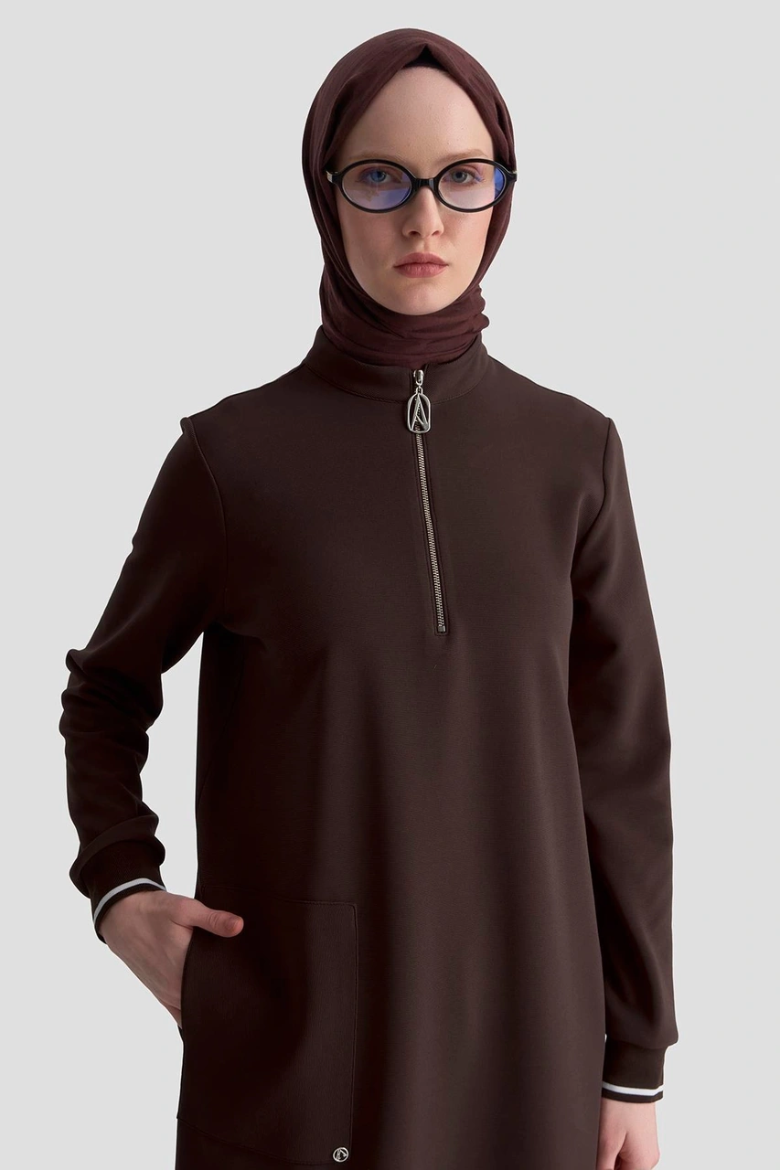 Armine Trend Kolları Ribanalı Yarım Fermuarlı Tunik Kahverengi 25kt443 Kahverengi
