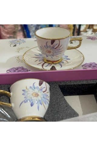 Mavi Lavanta Desenli Kutulu Fincan Takımı 6 Lı Beyaz