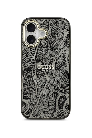 Apple Uyumlu iPhone 17 Kılıf Guess Lisanslı M-safe Şarj Özellikli Yazı Logolu Python Desenli Kapak Siyah Siyah