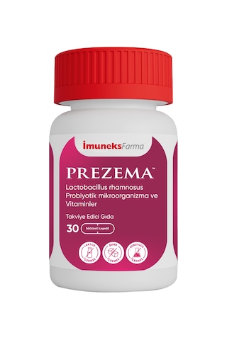 İmuneks Farma Prezema™ Lactobacillus rhamnosus Probiyotik mikroorganizma ve Vitaminler İçeren Takviye Edici Gıda 30 Kapsül İmuneks Farma Prezema™ Lactobacillus rhamnosus Probiyotik mikroorganizma ve Vitaminler İçeren Takviye Edici Gıda 30 Kapsül