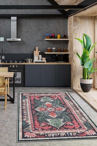 Homshtag Art Deco Soyut Bitki Temalı Halı Dijital Baskı Yeşil Kahve Renkli Rustik Çiçekli Halı Çok Renkli