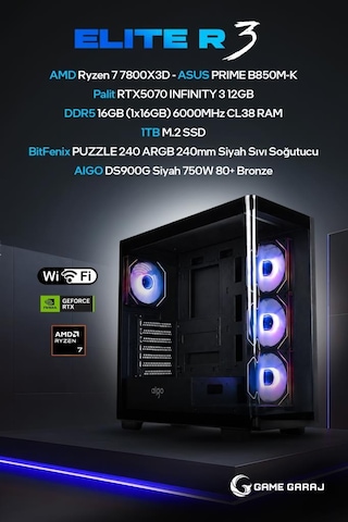 Game Garaj ELITE-R3 R7-7800X3D RTX5070 16 GB 1 TB SSD Free Dos Oem Paket Masaüstü Oyuncu Bilgisayarı