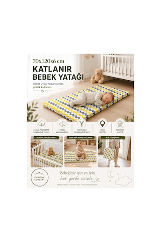 Katlanır Çocuk Yatağı Sünger Yer Yatağı Oyun Minderi Taşınabilir 70x120x6 Cm-sarı Gri Zikzak 70 x 120 CM