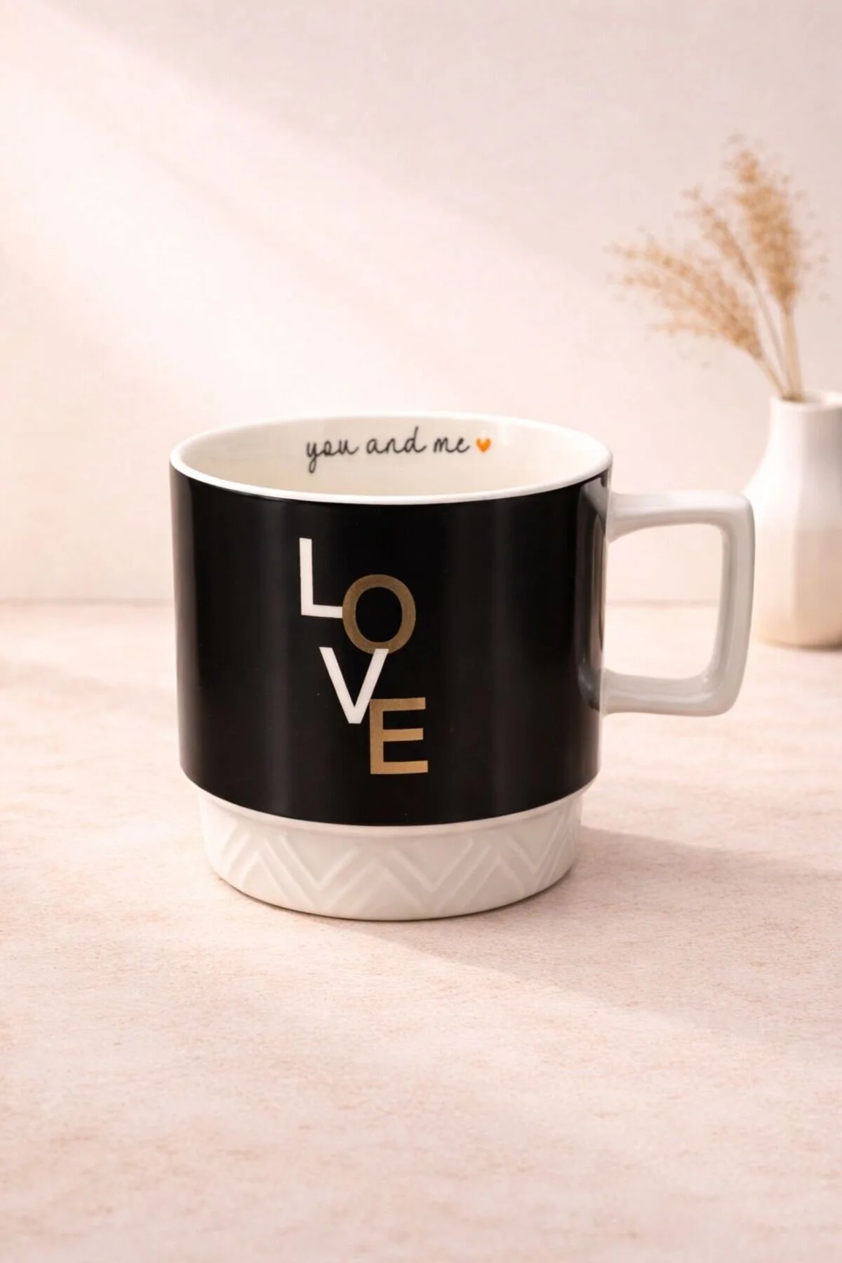 Acar Porselen Lüks Love Desenli Kahve Meşrubat Çay Bardağı Bardak Kupa 325ml Siyah