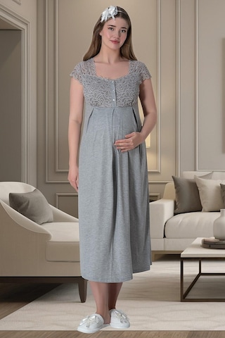 Mecit Pijama Mecit 6007 Gri Sabahlıklı Lohusa Gecelik Takım