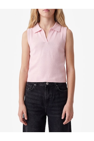 Koton Slim Fit Viskon Karışımlı Gömlek Yaka Kolsuz Triko Atlet Pembe 7wkg90126ht Gül