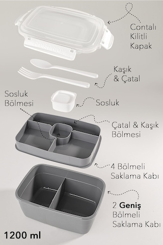 2 Katlı Kilitli Kapak Yemek Kabı - Bölmeli Lunch Box Diyet Beslenme Kutusu Sosluk Çatal Kaşık Gri