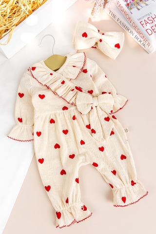 Babymod Kalp Desenli Fiyoklu 100% Pamuk Bandanalı Kız Bebek Tulum Siyah