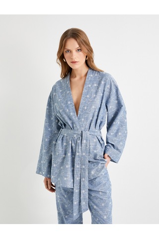 Koton Kimono Beli Kuşaklı Çiçek İşlemeli Fistolu Mavi 4sak50053pw Mavi