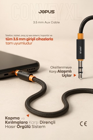 Jopus 3.5mm Aux To 3.5mm Aux Ses Kablosu Stereo Destekli Örgülü 2 Metre