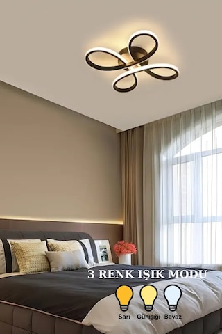 Papatya 4'lü Siyah Renk Plafonyer, Üç Renk Işıklı Modern, Ledli, Salon, Hol, Mutfak Avize