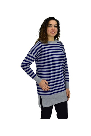 Kadın Çizgili Oversize Kazak Bgl-st04083 Saks Mavi