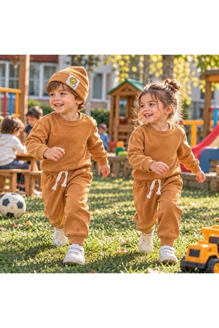 Hukids Unisex Fitilli 3'lü Bebek/çocuk Takımı Hardal