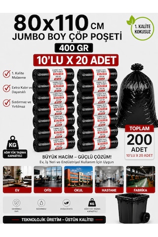 80x110 Cm 90 Litre Jumbo Boy Çöp Torbası 200 Adet Siyah Dayanıklı Endüstriyel Çöp Poşeti 10'lu 20 Rulo