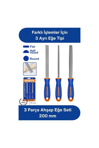 Eğeseti 3 Parça Ahşap Eğe Seti 200 Mm Orta Pürüzlü Düz Yarım Yuvarlak Yuvarlak Törpü Ergonomik Sap