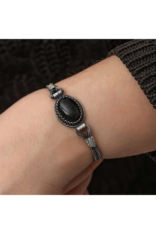 Gümüş Oniks Taşlı Kazaziye Bileklik Gümüş