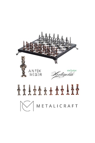 Mc57 Antik Mısır Figürlü Metal Satranç Takımı - Mermer Desenli 25cm Tahta El Yapımı Taşlar