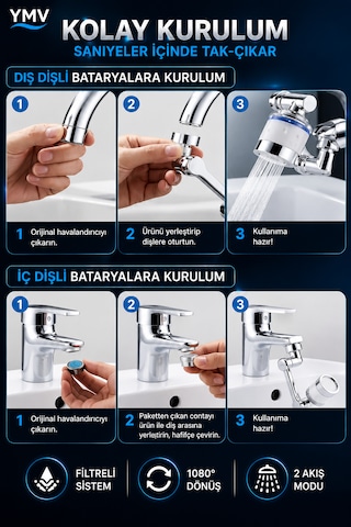 Ymv Filtreli Musluk Başlığı 1080 Derece Hareketli Döner Batarya Ucu 2 Adet Yedek Filtreli