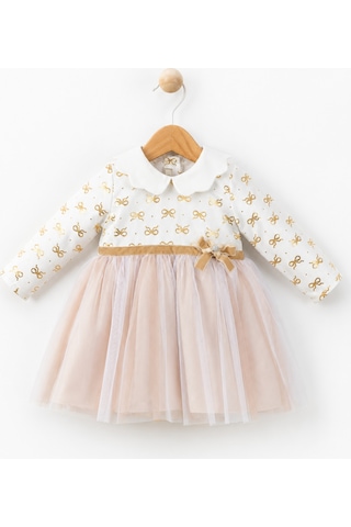 Babyhola Tül Etekli Kız Bebek Elbise Gold Varak Detaylı 15404 Sarı