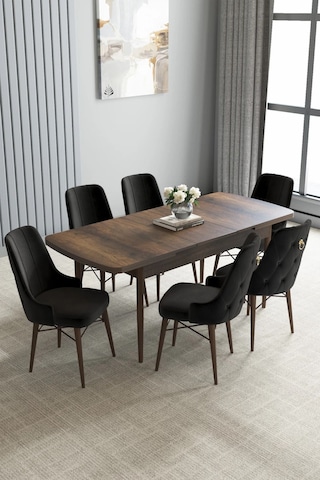 Zümra Serisi, Barok Ahşap Desen 80x132 Açılabilir Mdf Mutfak Masası Takımı 6 Adet Sandalye, Siyah