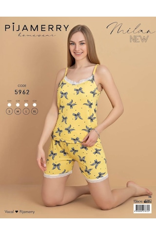 Pijamerry Kadın İp Askılı Milan Kumaş Likralı Şortlu Pijama Takımı 5962 - 1 Adet Sarı
