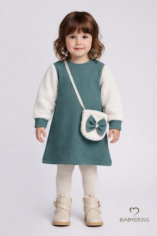 Babyden's Bayramlık Şık Ve Rahat Kız Bebek Elbise Çantalı Yumuşak Peluş Kollu Kışlık Çocuk Kombini Haki