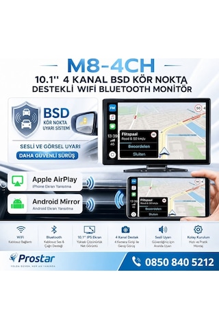 10.1 İnç Dokunmatik 4 Kanal Kayıtlı Kablosuz Carplay Wifi Kör Nokta Uyarılı Araç Monitörü 512 Gb Destekli
