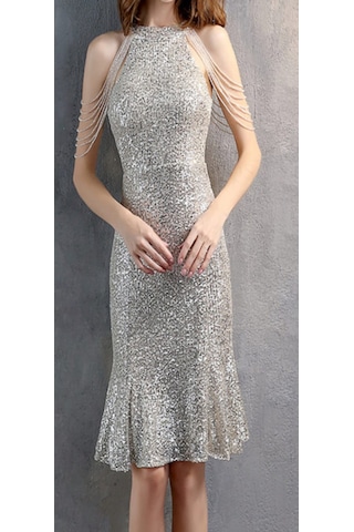 Hanife Glam Couture Hanife Glam Boncuk Detaylı Pulpayet Abiye Elbise Gümüş