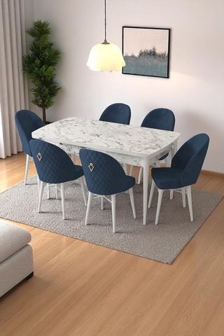 Mia Serisi Açılabilir Mutfak Masası Takımı Beyaz Mermer Desen Masa 6 Sandalye, Yemek Masası Lacivert