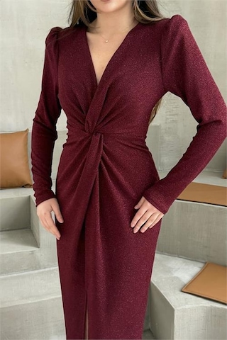 Neşeli Butik Kadın Bordo Anvelop Büzgülü Simli Premium Midi Elbise Nbelb08 Bordo