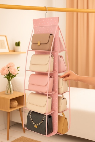Serstil 10 Bölmeli Askılı Çanta Düzenleyici Organizer - Çanta Dolap İçi Kullanım Pembe Puantiyeli Pembe Puantiye