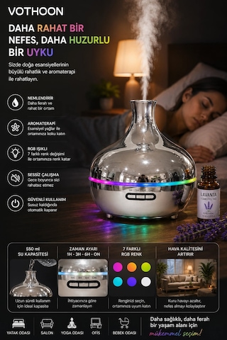 Gümüş Vazo Model Rgb Işıklı Hava Nemlendirici & Aromaterapi Difüzör 550 Ml Kumandalı