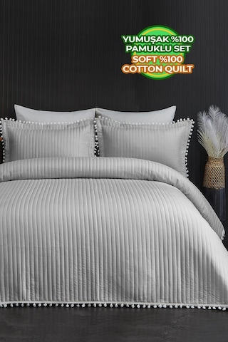 Evlen Home Collection Ponponlu Çift Kişilik %100 Pamuk Yatak Örtüsü Pike Takımı Gri