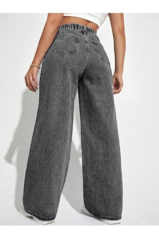 Palazzo Pantolon Füme Yüksek Bel Geniş Paça Bol Kesim Premium Jeans Gri