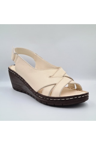 Pierre Cardin 6903 Krem Renk Deri Dolgu Topuk 6cm Kadın Sandalet Krem