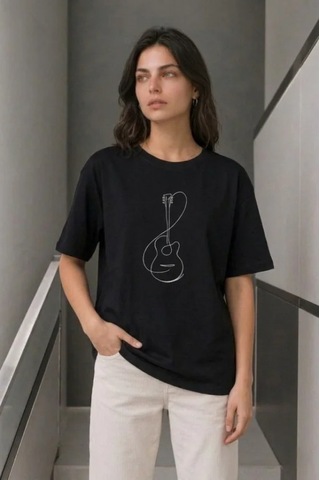 Efnaz Style Minimal Gitar Baskılı Tişört T-shirt Yazlık Kısa Kol Bisiklet Yaka T-shirt - Siyah