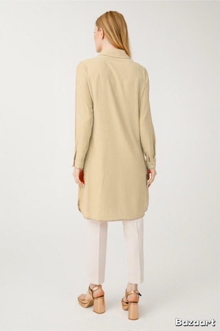 Çift Cepli Cep Üzeri Aksesuarlı Uzun Tunik Taş Gri