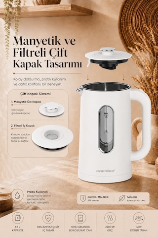 Premier PRK 3218A 1.7 L Isıya Dayanıklı Cam Hazneli Led Işıklı Su Isıtıcısı Kettle