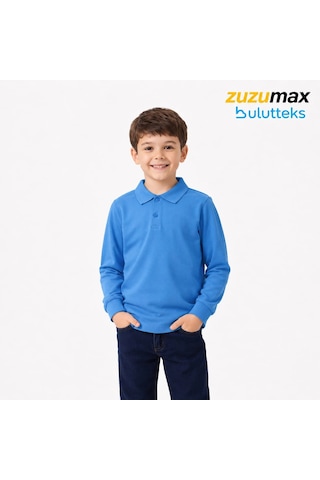 Bulutteks Okul Mavi Gök Mavisi Polo Yaka Uzunkol Tişört Kıyafetleri Üniforması Çocuk Genç