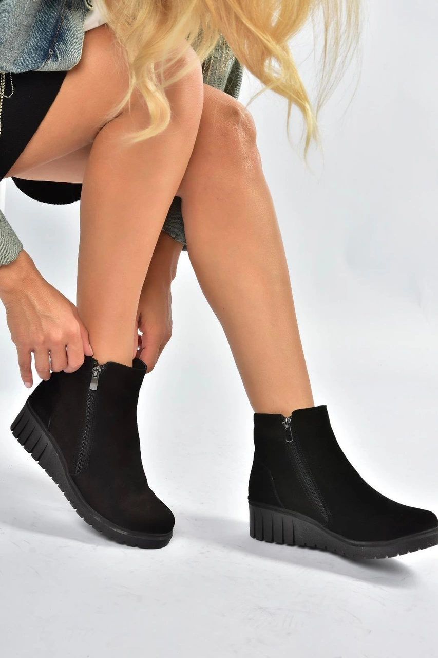 Fox Shoes V324800402 Siyah Hakiki Deri Süet Kadın Bot Siyah-Süet