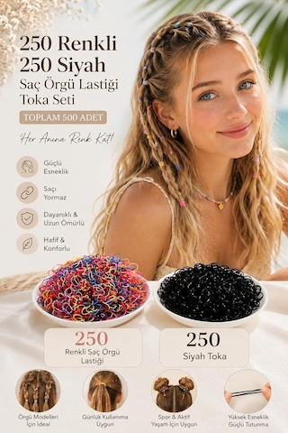 250 Adet Renkli Saç Örgü Lastiği 250 Siyah Toka Seti Lastik Toka Seti, Lastik Toka Seti, Toka Organizer, Toka, Kız Diğer