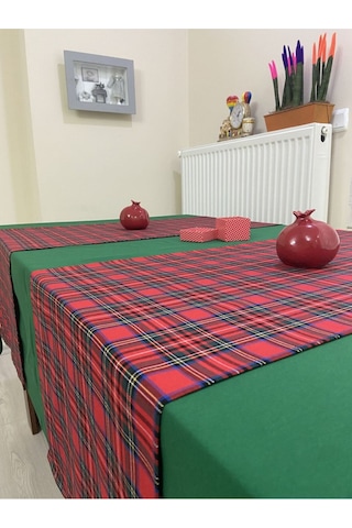 Koyu Yeşil Renk Masa Örtüsü Yılbaşı Ekose Runner Seti