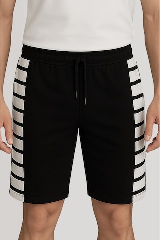 Erkek Siyah Beyaz Çizgili Spor Bermuda Şort Bağcıklı Cepli Siyah