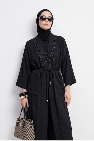 Avenna Doğal Kumaş Kuşaklı Cepli Beli Kuşaklı Kolyeli Kimono Siyah 26ya511